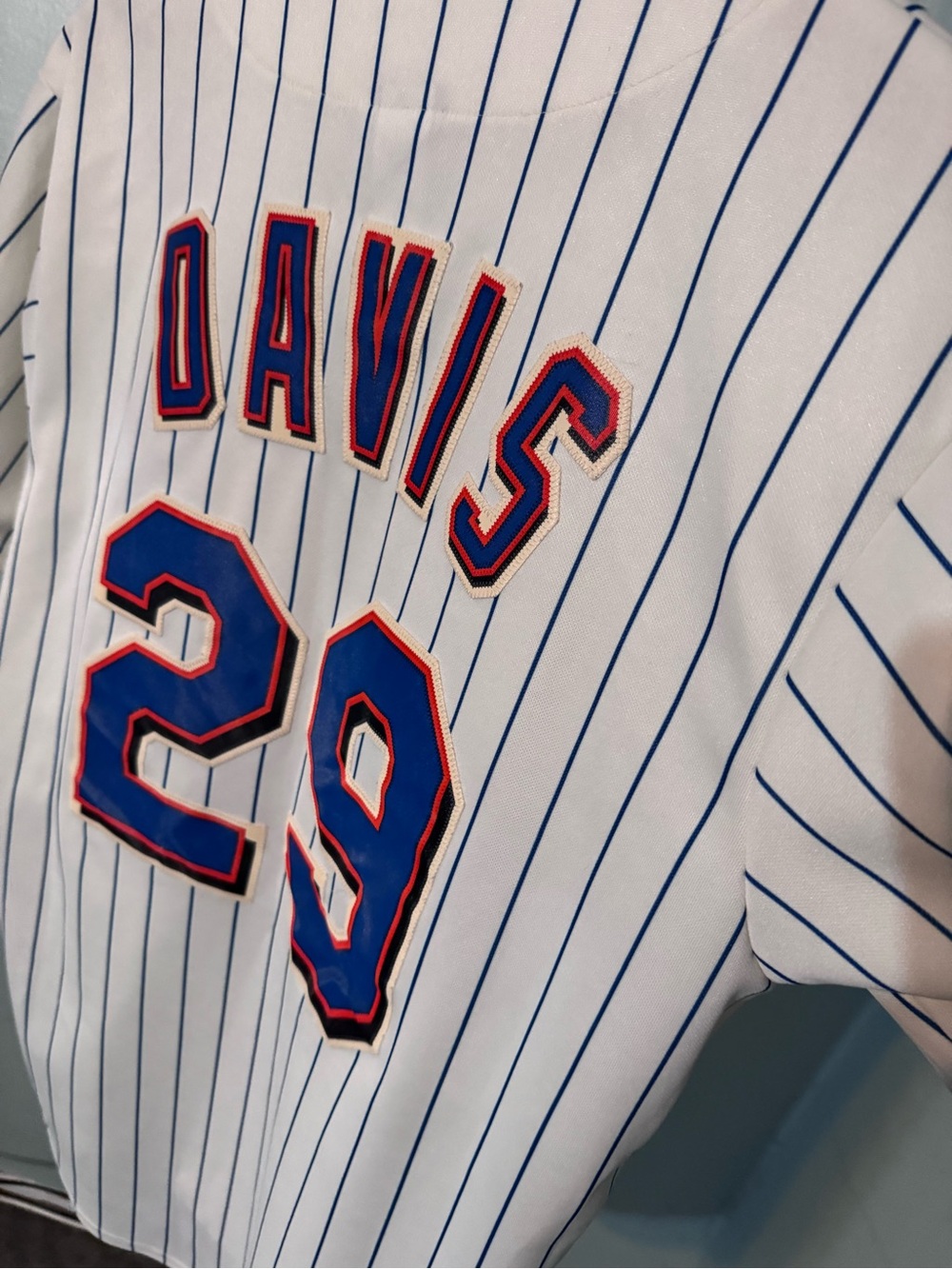 Majestic Mets White Pinstripe Baseball Jersey with Blue and Orange Script - Picture 7 of 8